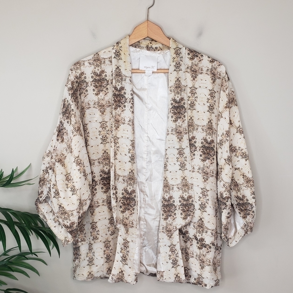Aryn K Silk Tan Cream Beige Draped Open Front Soft Blazer Jacket Size Large
